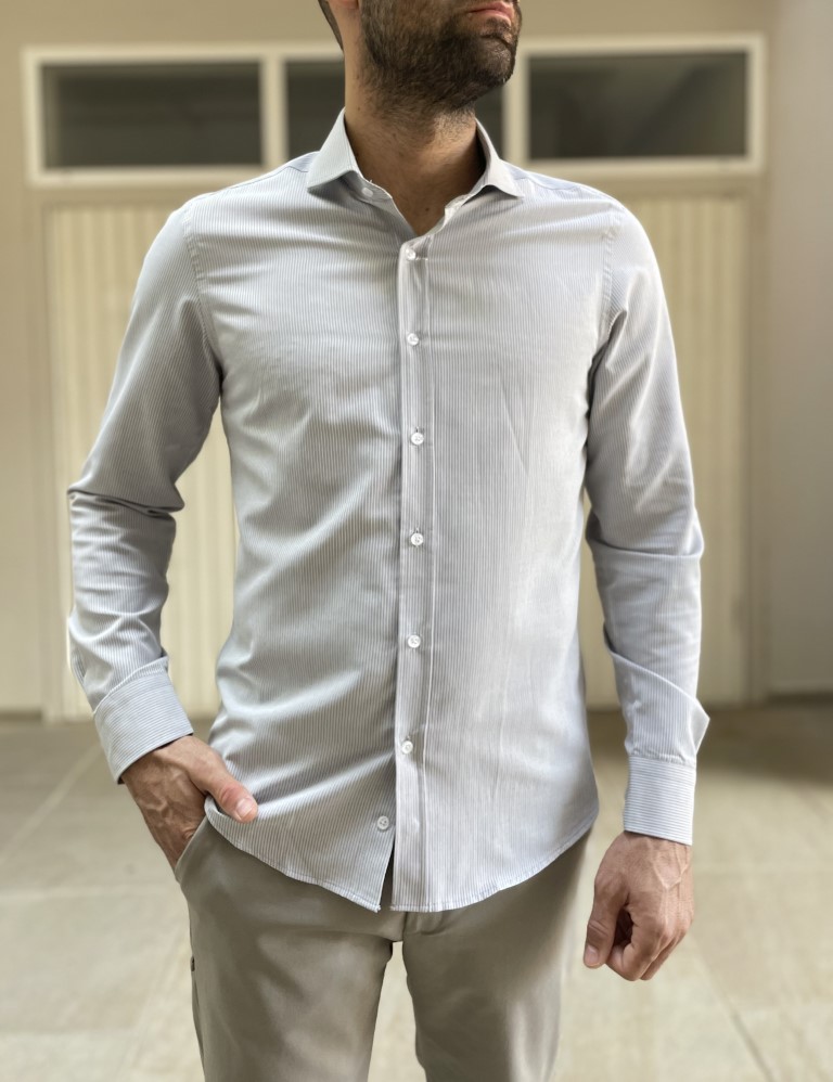 Buffon Ανδρικό γκρι ριγέ πουκάμισο με γιακά 1820G